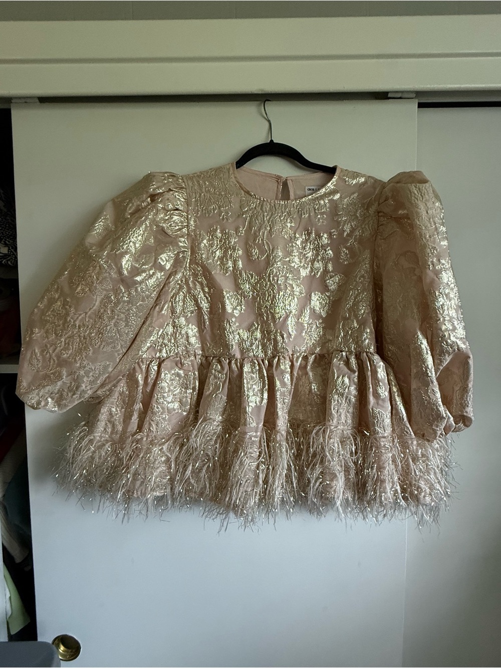 ASOS Metallic Brocade Puff Sleeve Peplum Top with Feather Trim